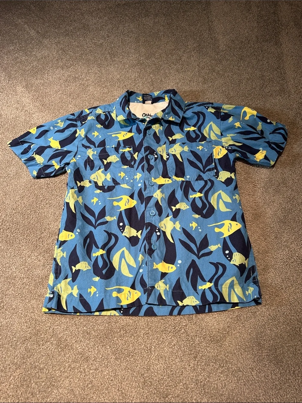 Vintage OshKosh B'gosh Blue & Yellow Fish Print Button-Down Shirt